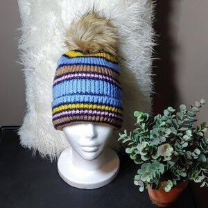 NWT AERIE MULTI STRIPED KNIT HAT TOQUE WITH FAUX FUR POMPOM